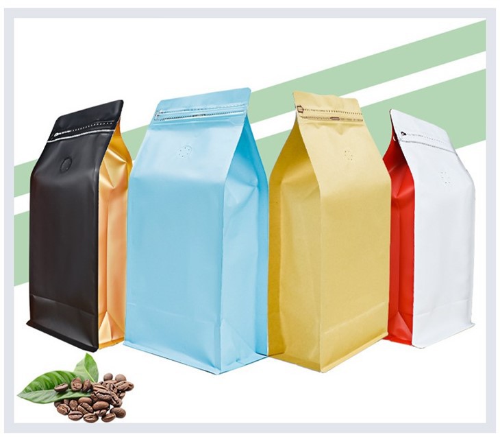 Self Standing Zipper Bag Eight-side Sealing Bag Black Flat Bottom Aluminum Foil Coffee Bean Bag Packaging Bolsas Para Empaque De Cafe With Valve
